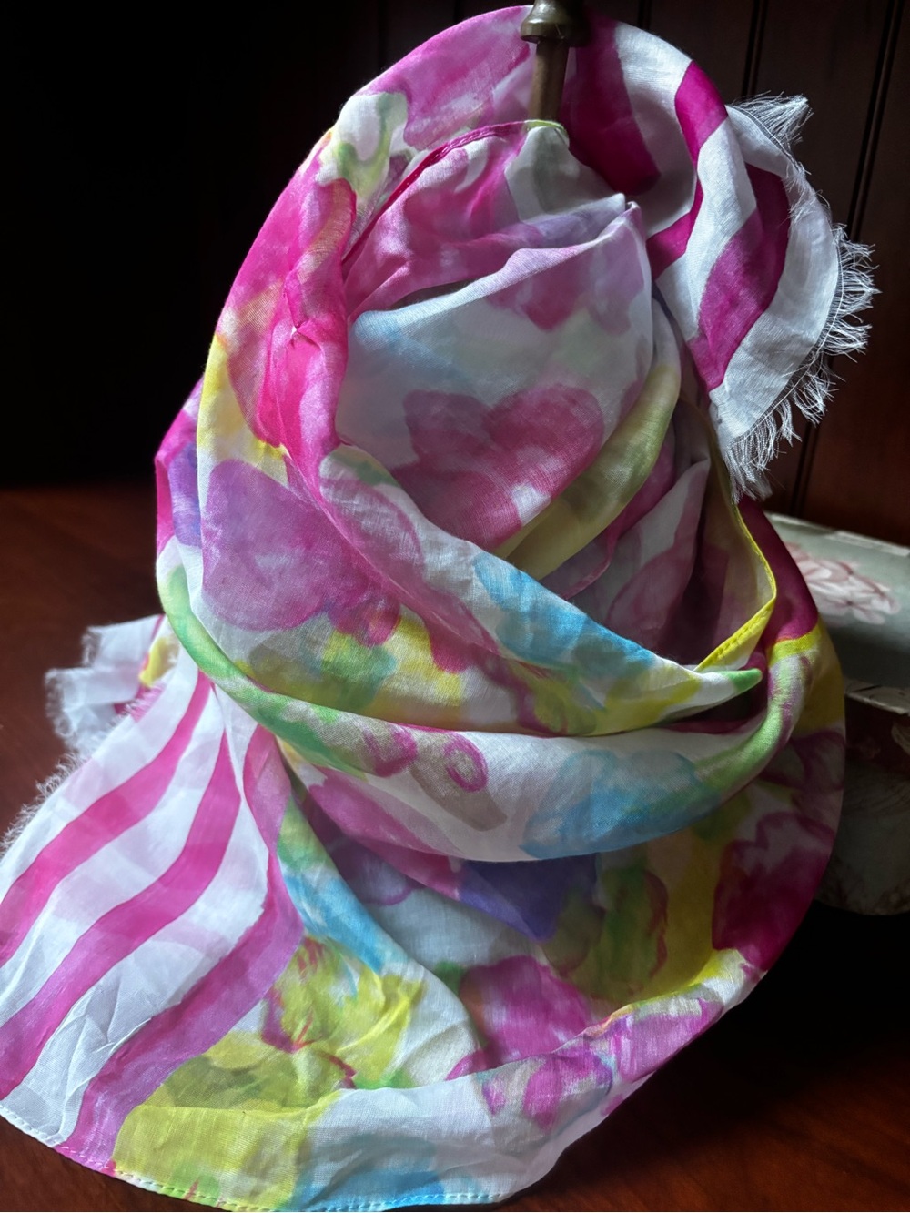 Floral Multicolor Lightweight Women's Scarf - Pink flowers and stripes.